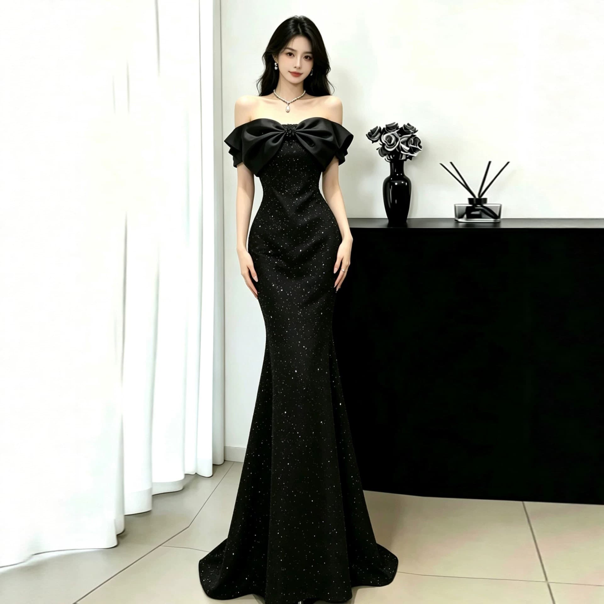 Black One-Shoulder Waist-Cinching Mermaid Evening Gown Dress, Light Luxury Niche Host Temperament Art Exam Performance Costume