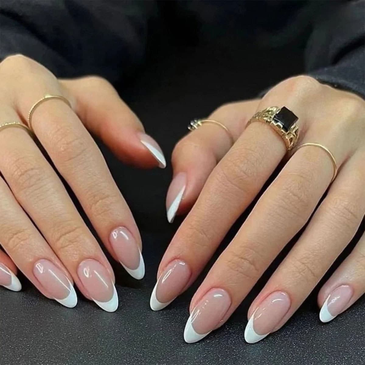 Simple Almond White French Edge False Nails Wearable Finished Nail Art False Nails Easy to Remove Nail Patches Ladies Nail Tips