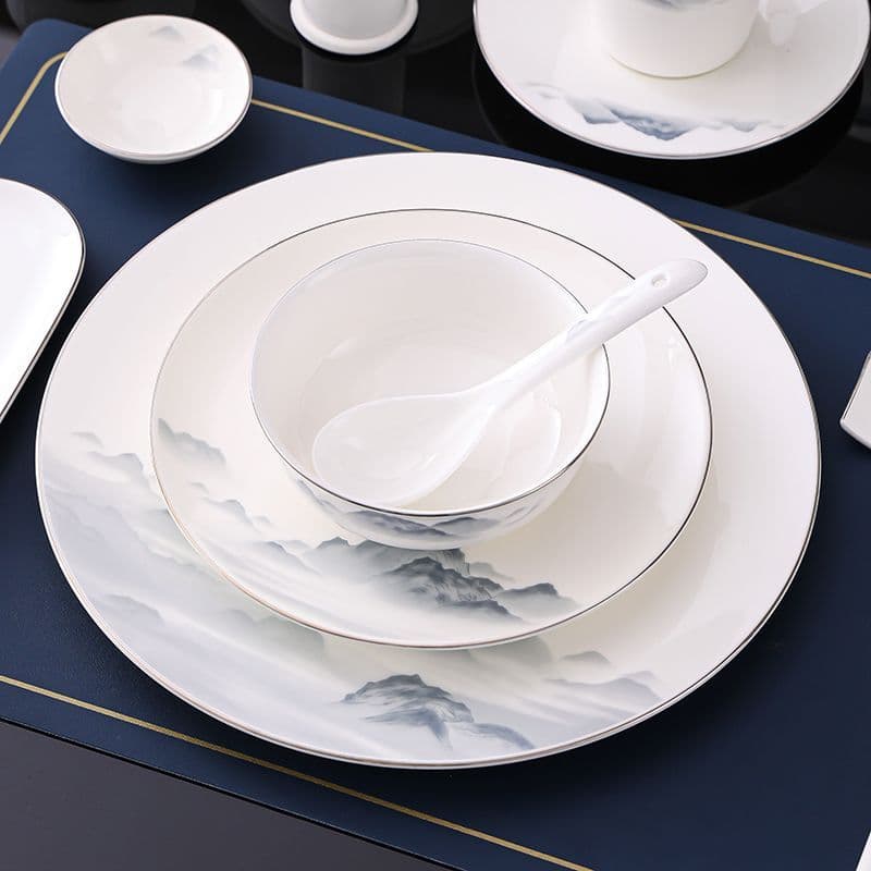 High-end silver-rimmed display tableware set for Chinese restaurants, hotels, bone plates, commercial three-piece bowl, dish, and plate set.