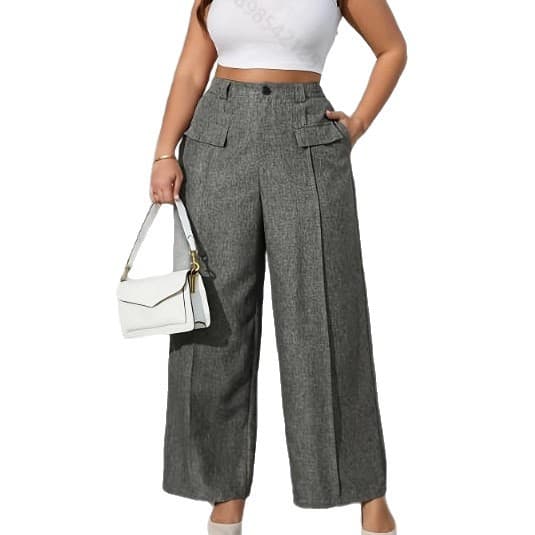 Cross-border Women's European and American Gray High-Waist Wide-Leg Suit Pants Drape Straight-Leg Flap Pocket Commuter Casual Trousers