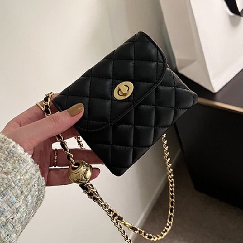 Korean Style Women's Bag New Small Golden Ball Waist Bag Mini Mouth Red Bag 2023 Trendy Chanel Style Diamond Plaid Chain Crossbody Bag
