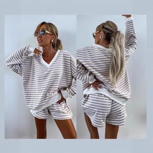 Amazon Summer New Women's Casual Striped Set Long Sleeve V-Neck Loose Top Sport Shorts 2-Piece Set