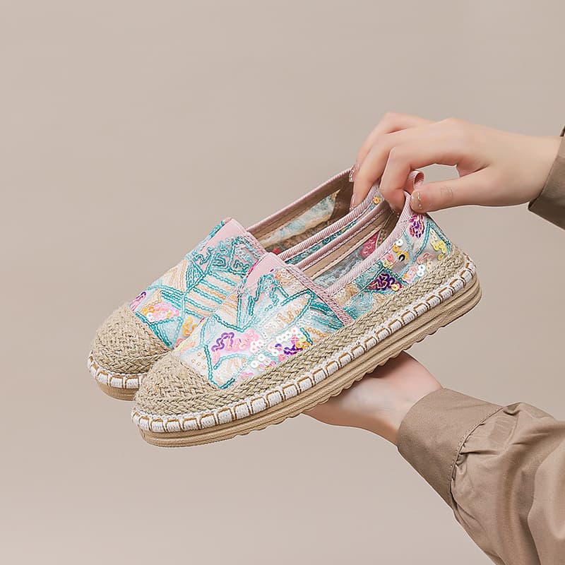 Women's Old Beijing Cloth Shoes 2025 New Summer Mesh Shoes Slip-On Soft Sole Fisherman Shoes Lace Flat Shoes for Women