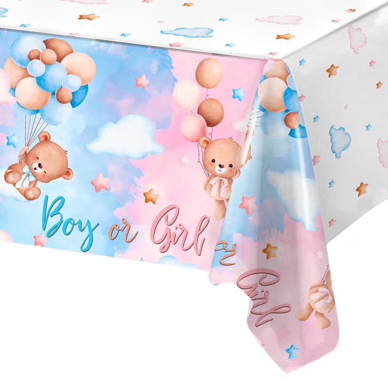 Baby Gender Reveal Party Tablecloth with Bear and Balloons, Disposable PE Tablecloth for Boy or Girl, Plastic Table Cover