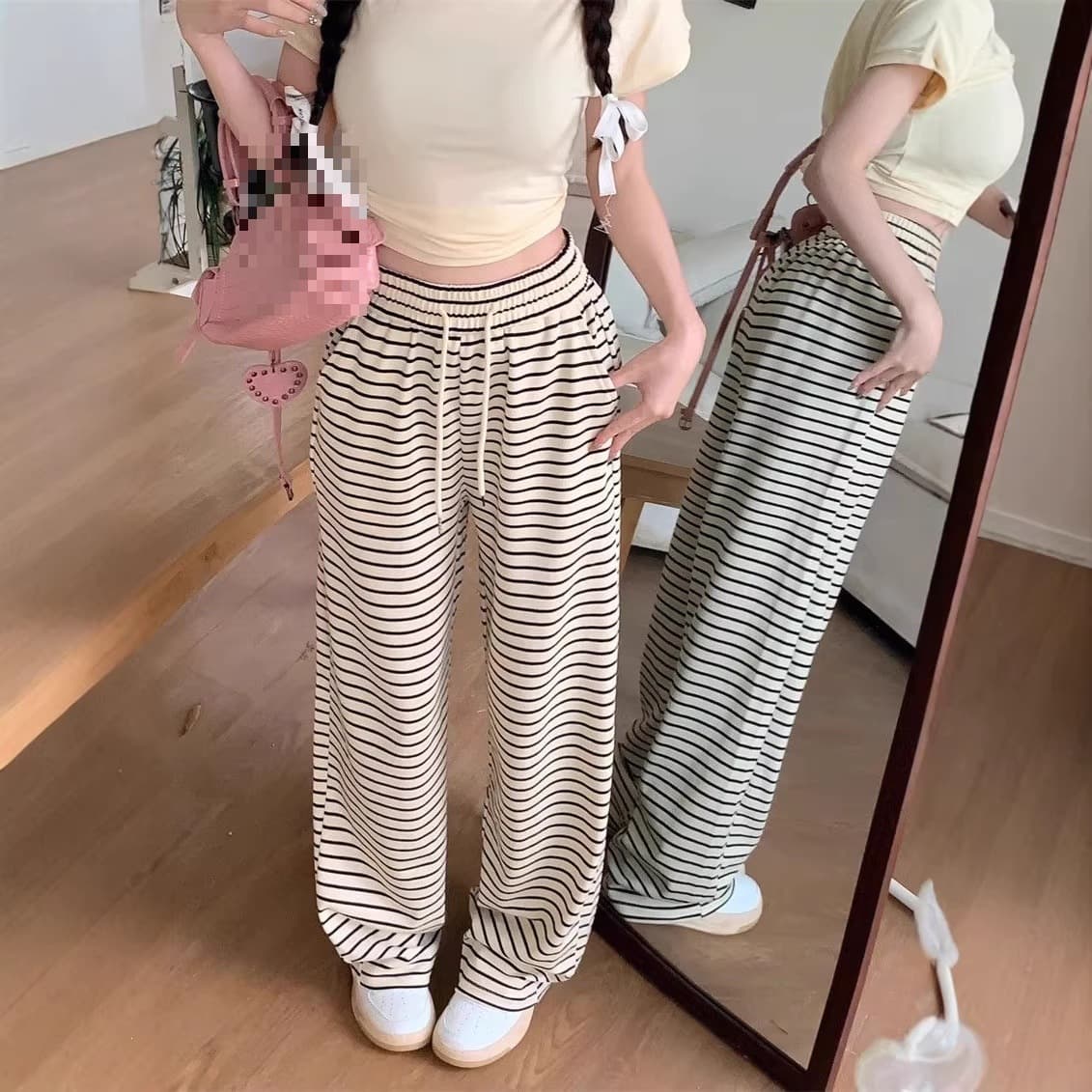 Cross-border Black and White Striped Casual Pants for Women, Autumn Straight-leg Long Pants, Lazy Style Elastic Waist Loose Wide-leg Lounge Pants