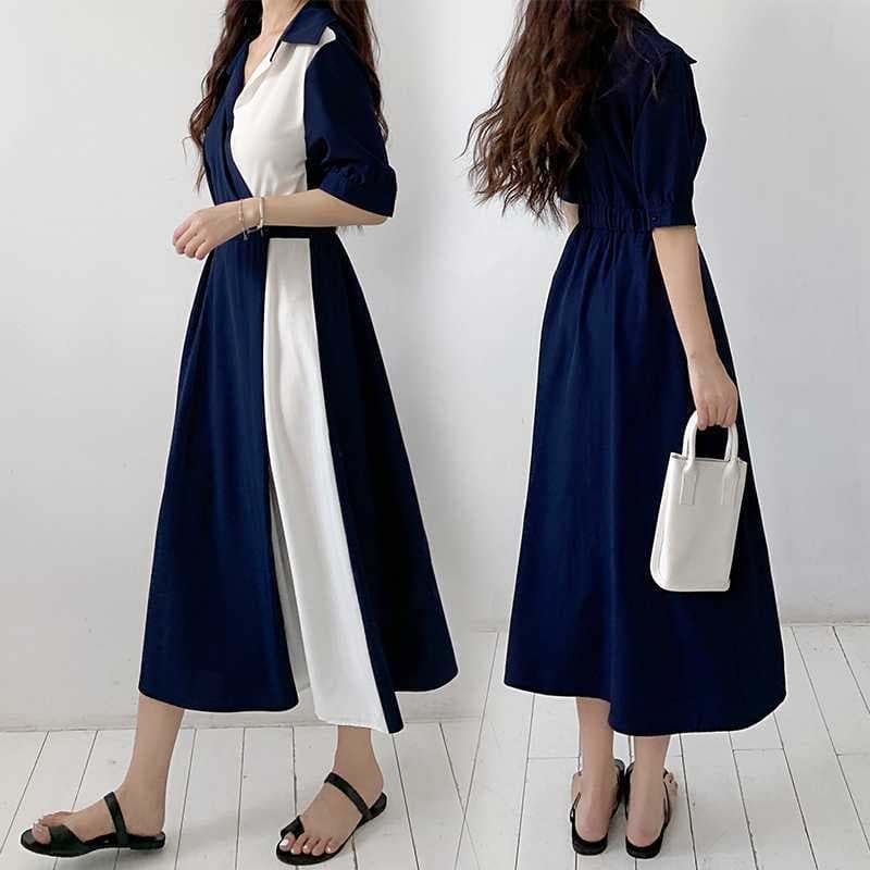 Actual Photo: Korean Chic French-Style Contrast Collar Design One-Button Waist-Cinching Short-Sleeve Dress
