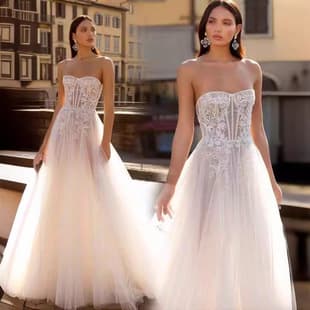 New Cross-border Strapless Wedding Dress European and American Mesh Evening Gown Amazon Street Style Light Tulle Bride Wedding Party Dress for Women
