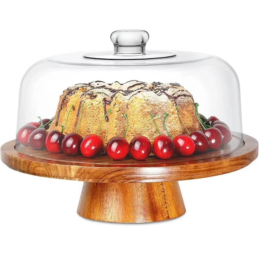 Simple and retro acacia wood cake tray, home dining room dessert plate, display stand, wooden tall fruit plate