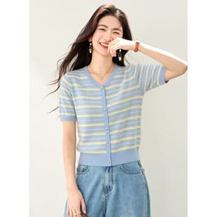 Short Sleeve Knit Top for Women 2026 Summer New Style Regular Shoulder Striped Blue Plus Size Ice Silk Blouse
