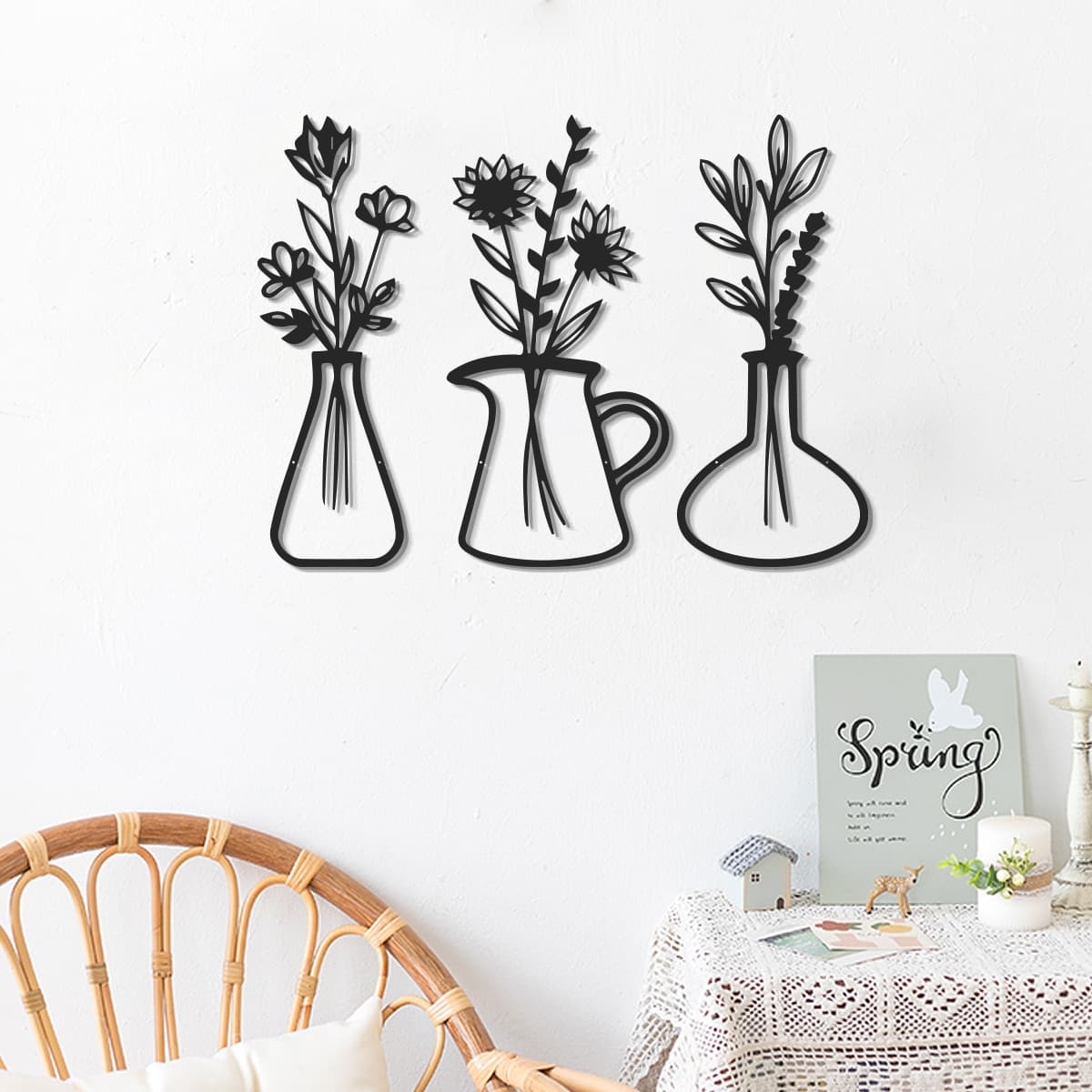 3-Piece Metal Wall Art Hanging Vase Black Floral Pattern Wall Sculpture Art Home Decor