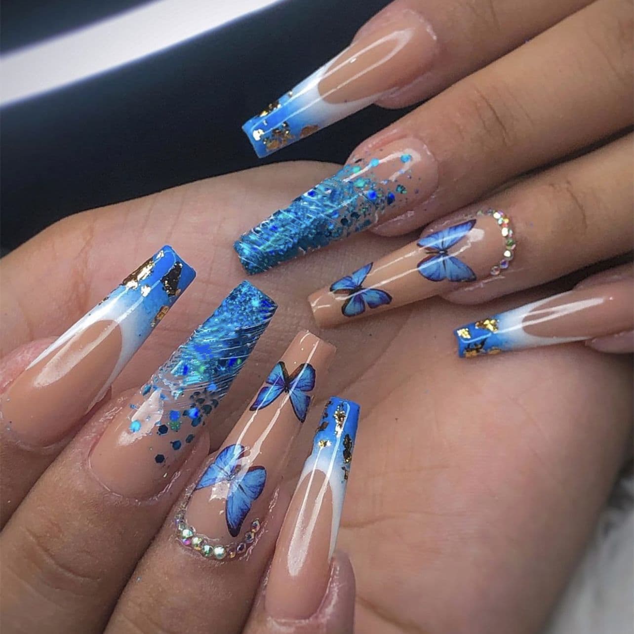 Butterfly manicure blue wearable nails long ballet false nails press on nail removable nails wholesale