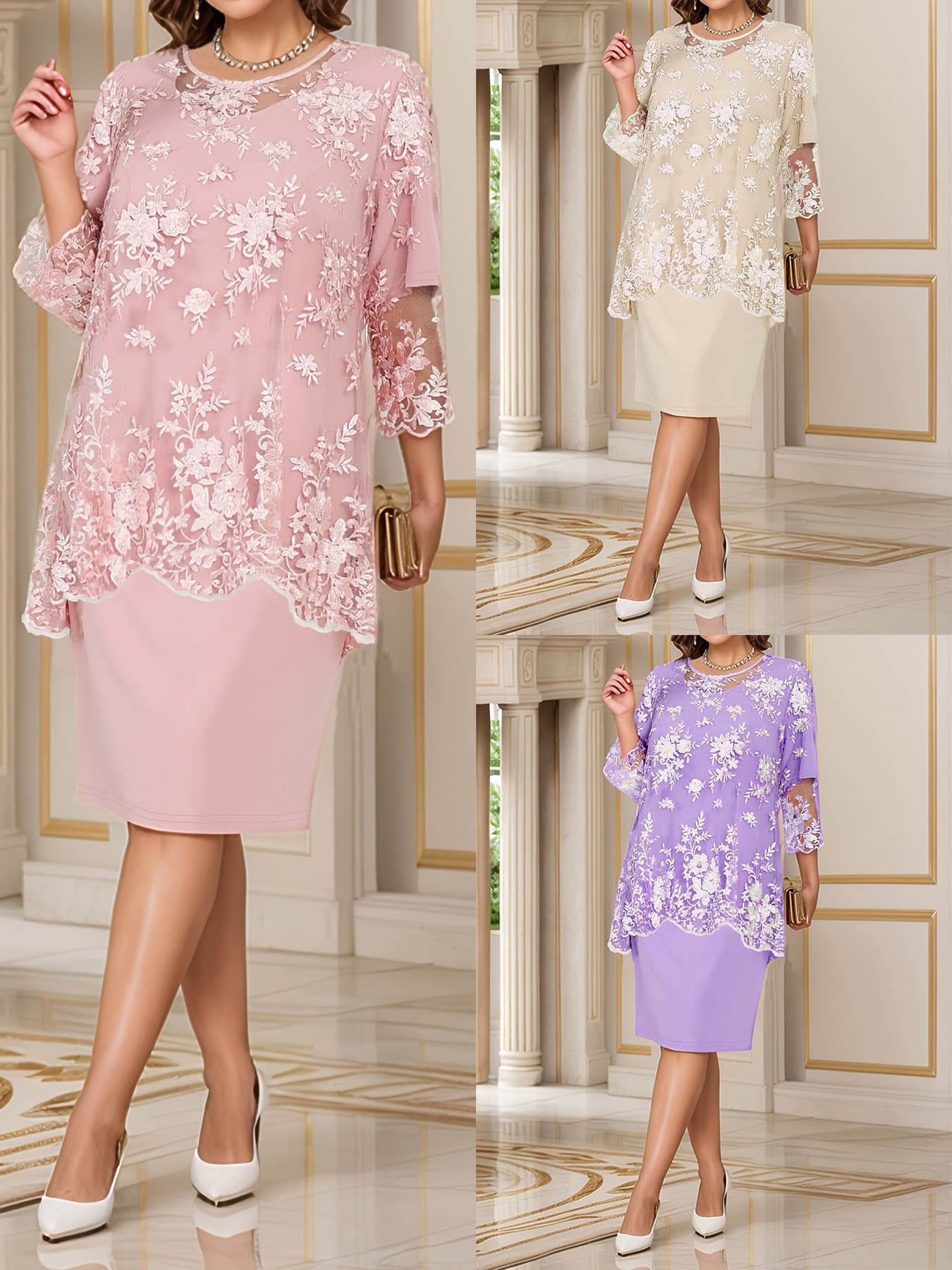 2025 spring and summer new European and American cross-border Amazon plus size women's evening dress lace fake two-piece dress for women