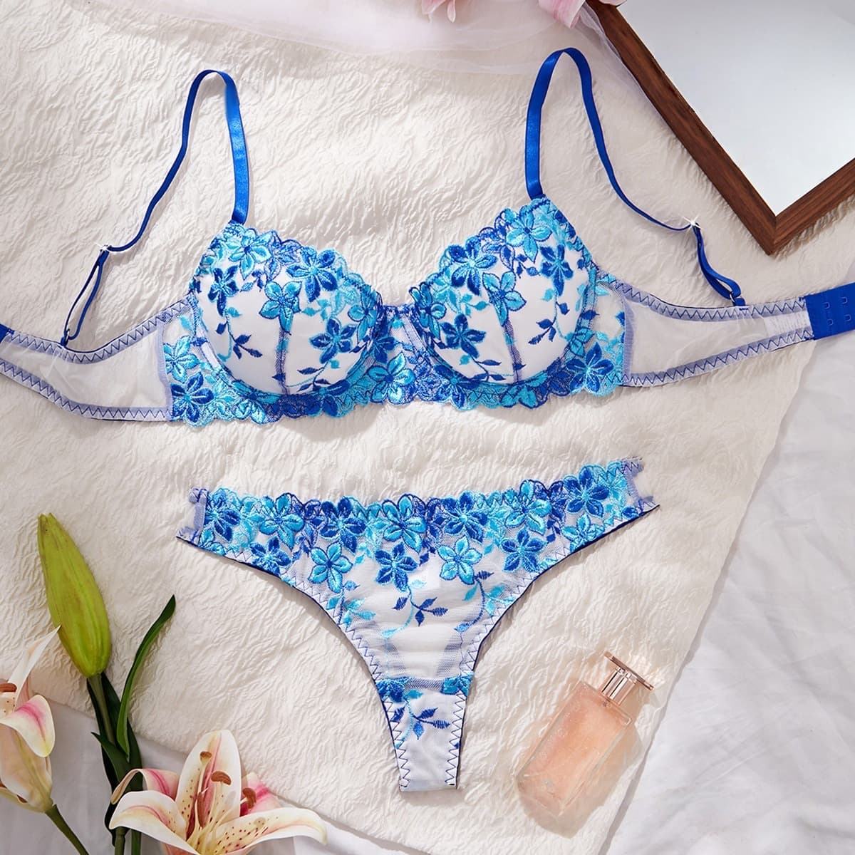 French Lingerie Set: Sweet & Pure Embroidered Lace, Minimizer & Anti-Sag Bra for Larger Busts, with Thong
