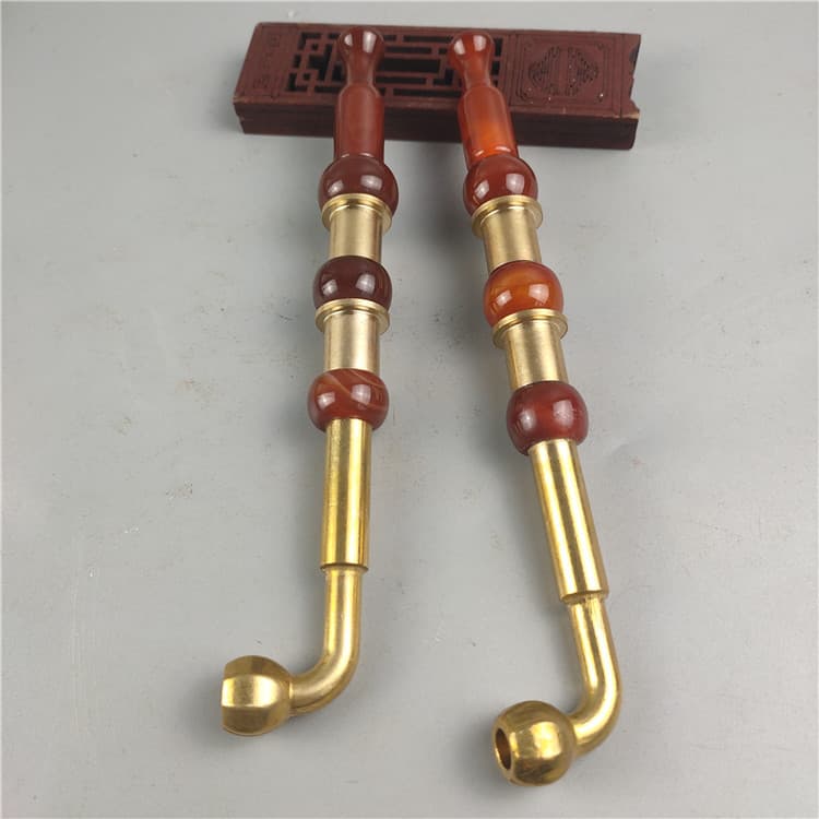 Brass agate pipe tobacco pot dry tobacco bag agate cigarette holder old-fashioned pipe traditional dry tobacco bag portable
