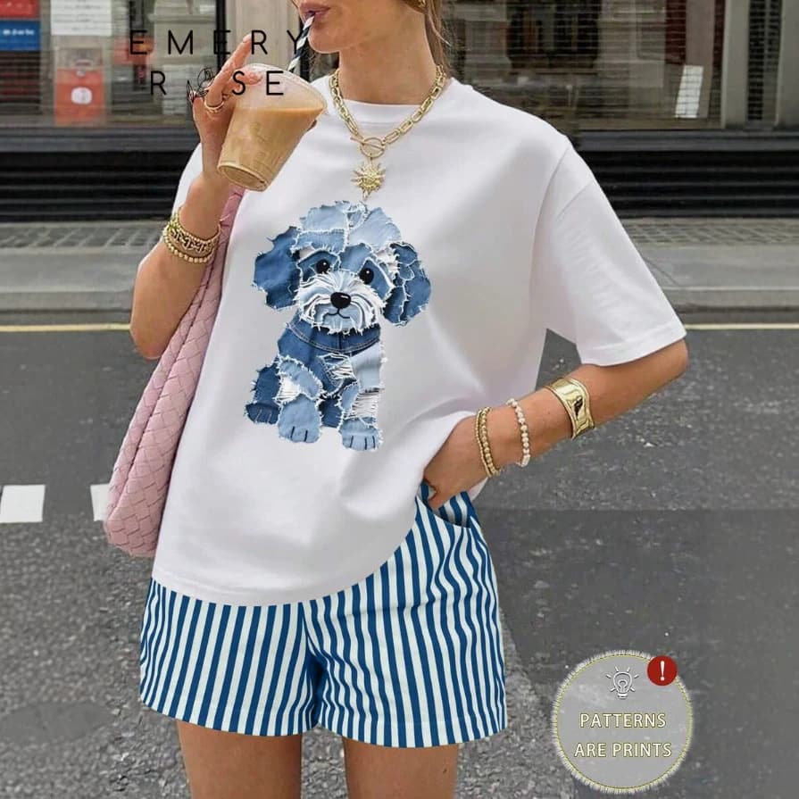 Women's Summer Letter and Lemon Print Crew Neck Short Sleeve T-Shirt and Striped Shorts Casual Two-Piece Set
