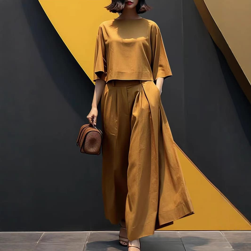 Amazon Cross-border 2025 New Spring/Summer Fashion Solid Color Short Sleeve Casual Loose Pants Women's Clothing Export Two-Piece Set