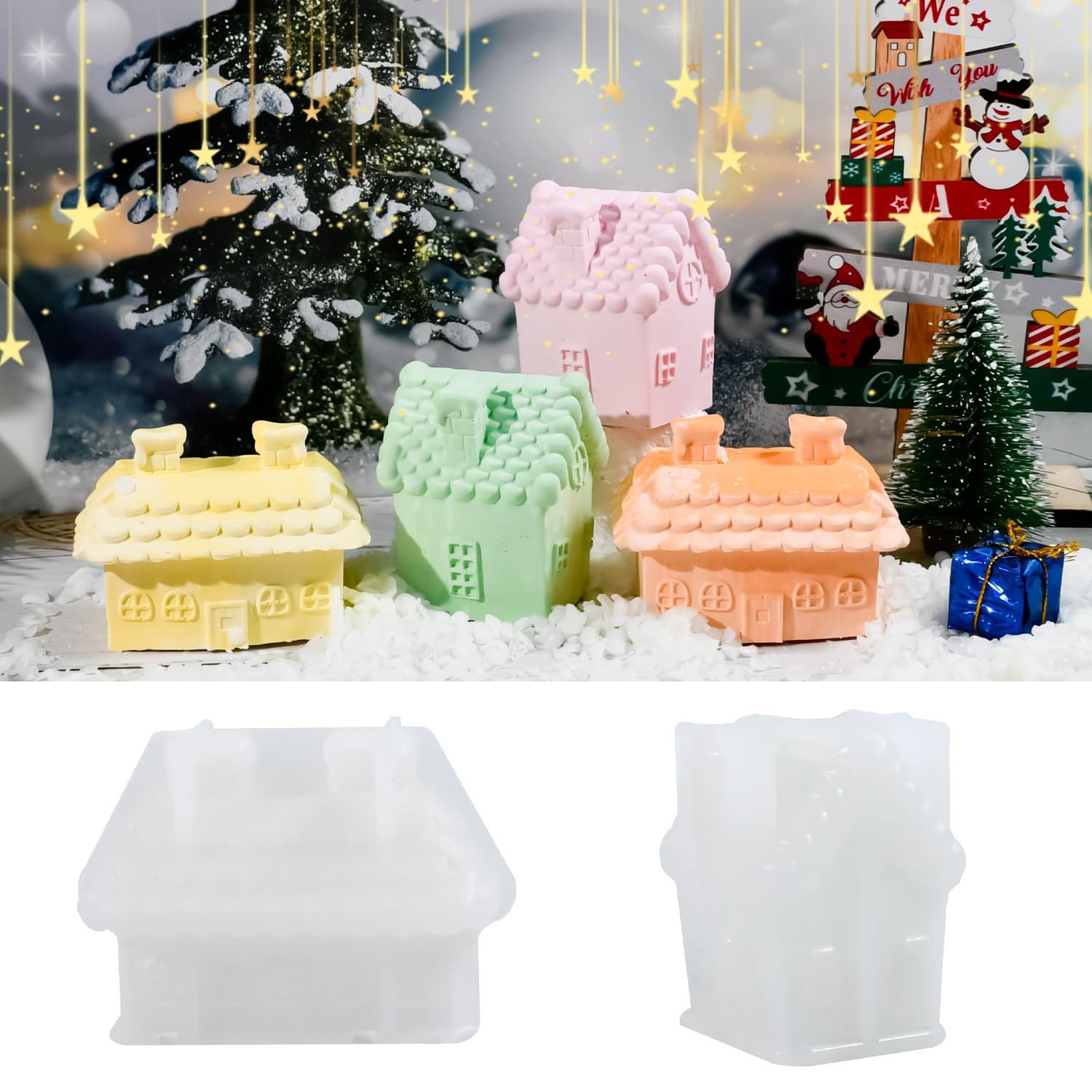 DIY Christmas Cottage House Crystal Epoxy Resin Mold Plaster Cottage Candle Aromatherapy Desktop Ornament Silicone Mold