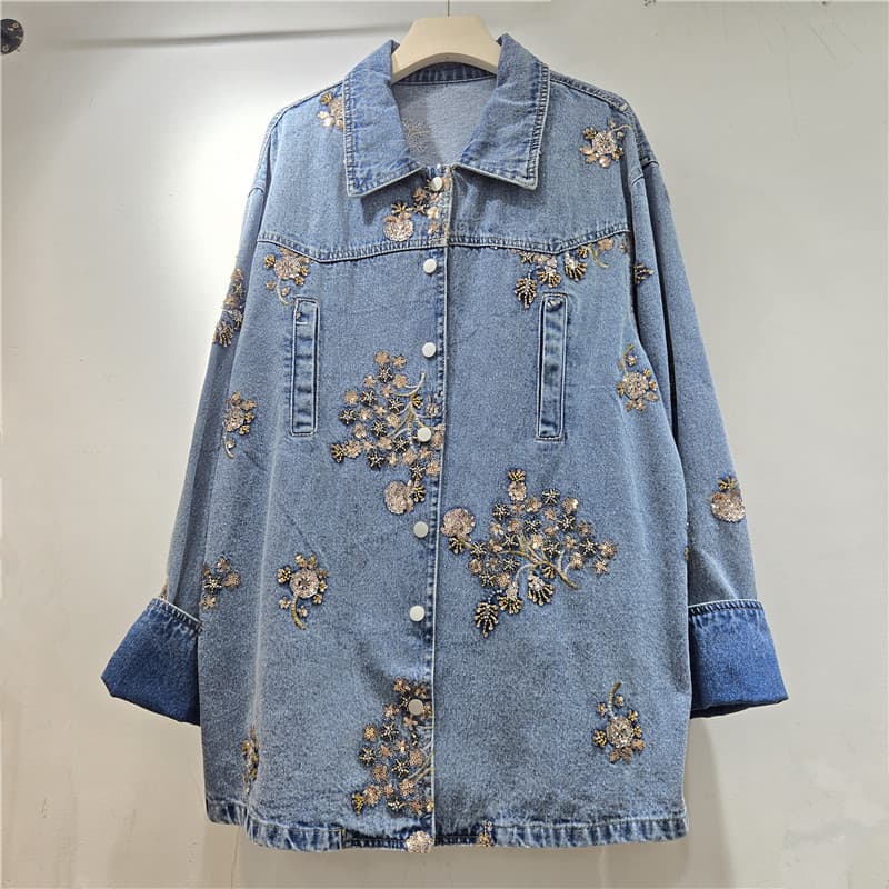 Designer Contrast Stitching Sequin Embroidered Denim Jacket for Women 2026 Early Autumn New High-Fashion Retro Top Trendy