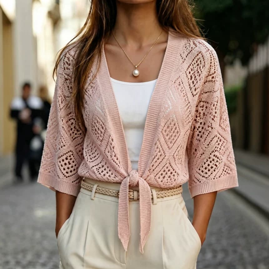 2026 Amazon Cross-border Women's Fashion European and American Style Spring and Autumn Women's Medium Sleeve Hollow Knit Cardigan Top