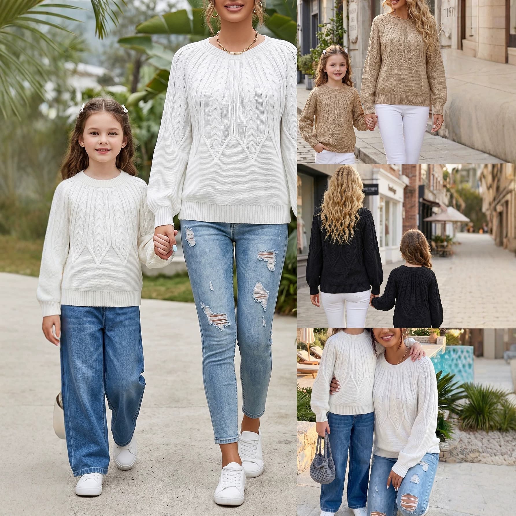 European and American Pullover Children's Knitted Sweater Cross-border Trade Long Sleeve Cable Knit Solid Color Autumn and Winter Versatile Parent-Child Outfit Mother-Daughter Outfit
