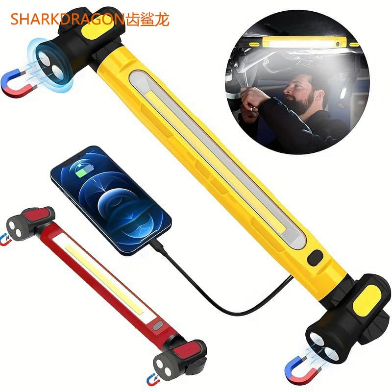 Cross-border New COB Long Strip Magnetic Work Light USB Rechargeable with Hook White Yellow Light Car Repair Work Light
