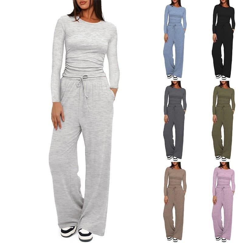 2025 New Solid Color Casual Long Sleeve Set: High Waist Wide Leg Pants & Top, Sportswear, Amazon Cross-Border