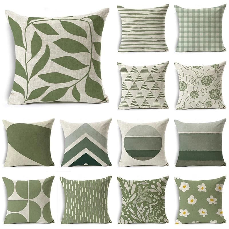 Green geometric print linen pillow cover home sofa decoration cushion cover seat cushion cover green leaf flower pillow cover