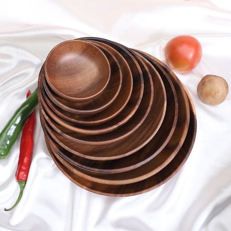 Round Solid Acacia Wood Plates, Seamless Small to Large Sizes for Salads, Rice Bowls, and Kitchen Use