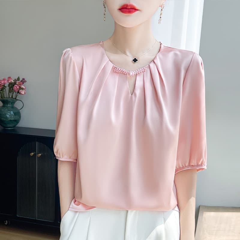French Satin Round Neck Short Sleeve T-Shirt Women's 2025 Summer New Solid Color Pleated Loose Fitting Base Top