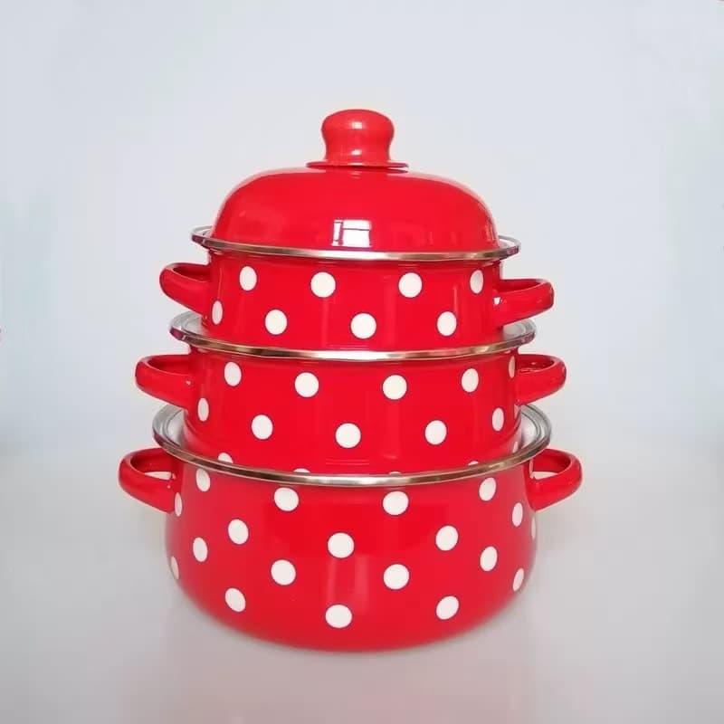 Enamel Persimmon Red Stew Pot Small Hot Pot Three-Piece Set Thickened Stew Pot Thickened Polka Dot Soup Pot