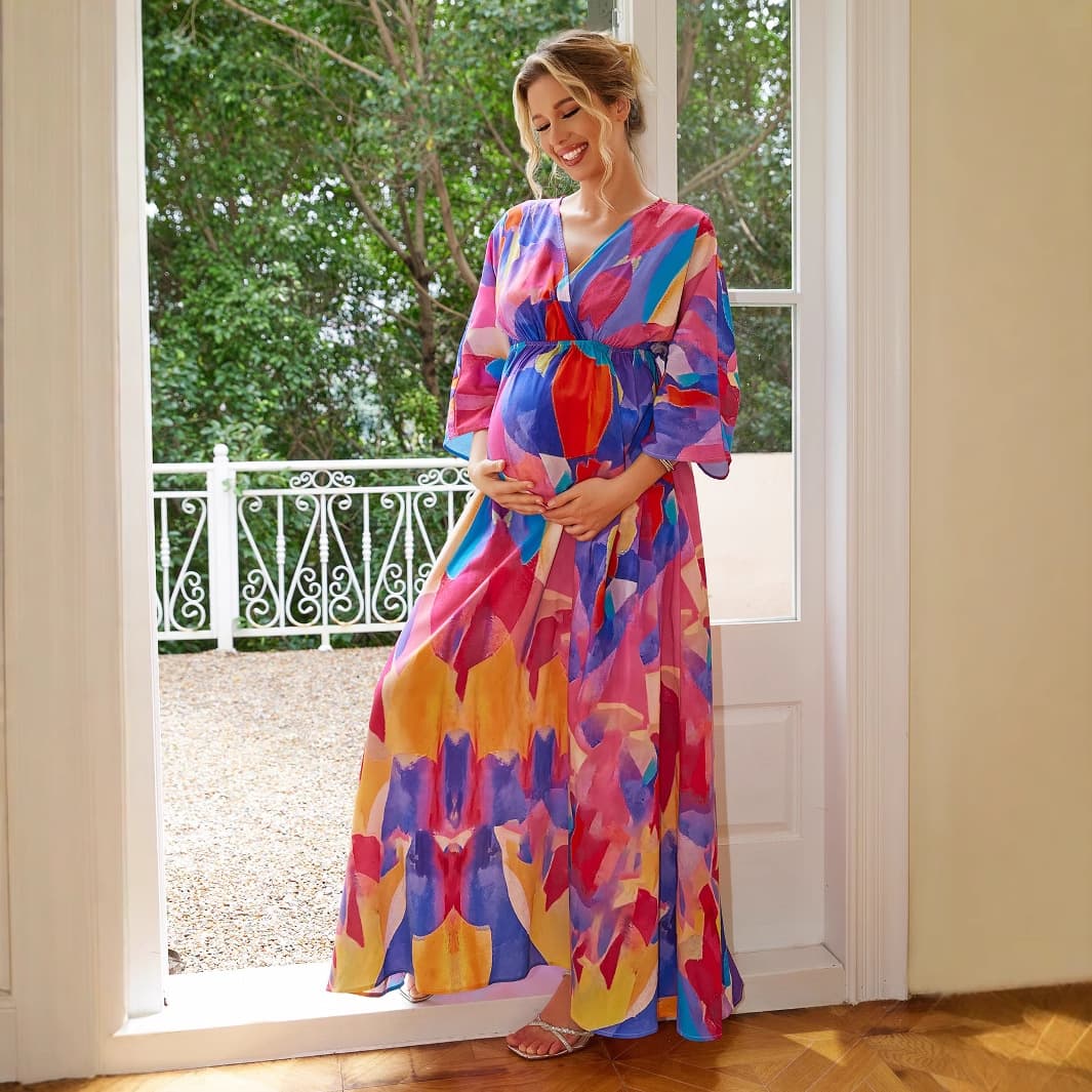 2024 New Cross-border Women's European and American Summer High-waist Casual Floral Print Maternity Long Dress