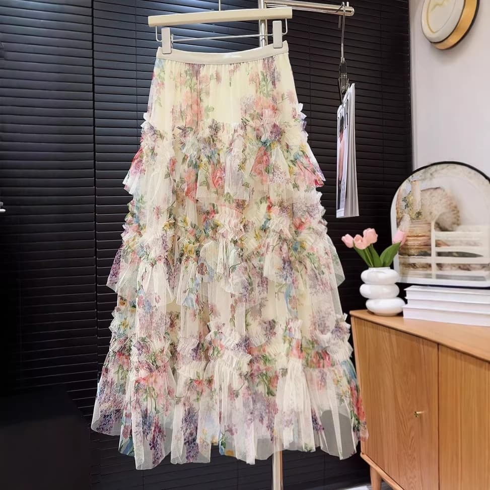 European and American Cross-border Amazon Heavy-Duty Patchwork Printed Mesh Cake Skirt Half Skirt Women's New Floral Puffy Long Skirt