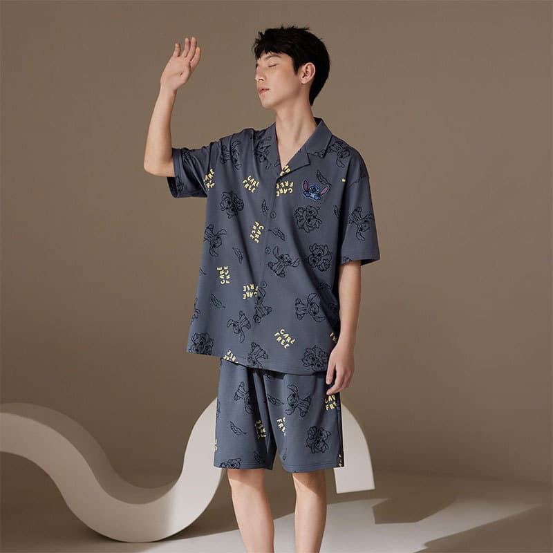 Ins South Korea Stiller Pajamas Men's Spring and Summer Cartoon Cardigan Short-sleeved Shorts Two-piece Suit Thin Home Clothes