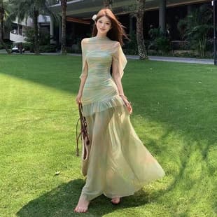 Summer Stunning French Mesh Patchwork Camisole Dress Light Luxury Advanced Sense Women Slim Vacation Style Full Skirt Long Dress