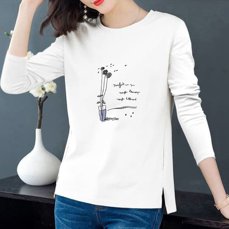 Loose Long Sleeve Pure Cotton T-Shirt Women's Round Neck Overhead Spring Autumn Comfortable Casual Basic Top with Slit