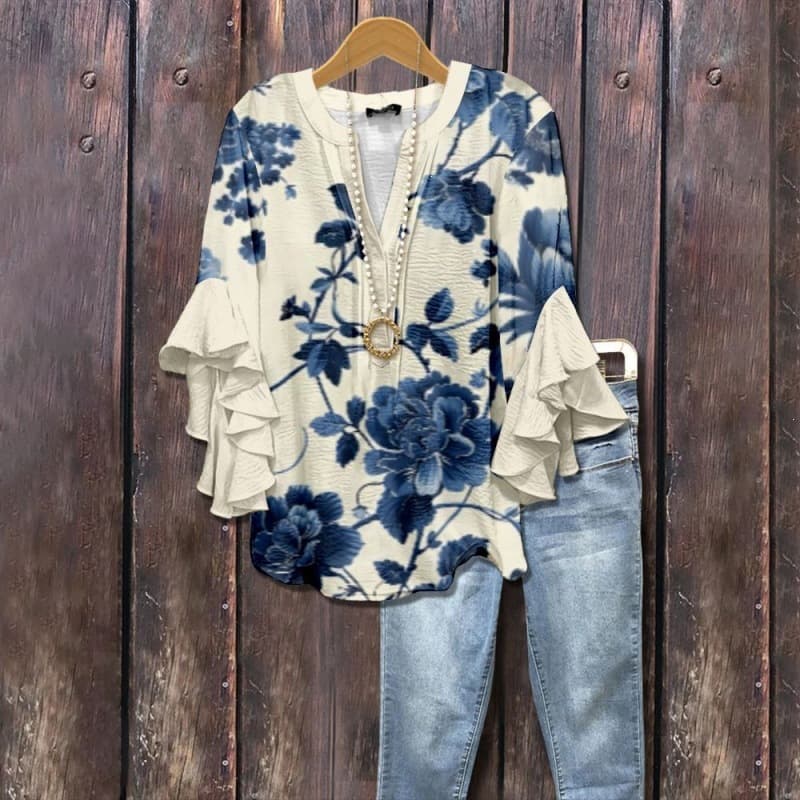 3D New Cross-Border Creative Floral Element Print Digital Print Casual Trendy V-Neck Lotus Hem T-Shirt for Women