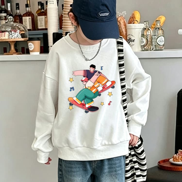 Boys Heavyweight Crewneck Sweatshirt Fall Winter New Cartoon Cute Print Casual Loose Fleece-Lined Thickened Top Trendy