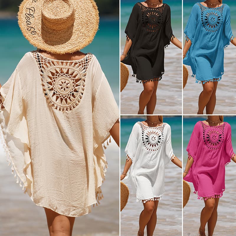 Cross-Border Women's Vacation Hand-Hooked Solid Color Patchwork European and American Beach Dress, Export Sun Protection Short Sexy Beach Cover-Up