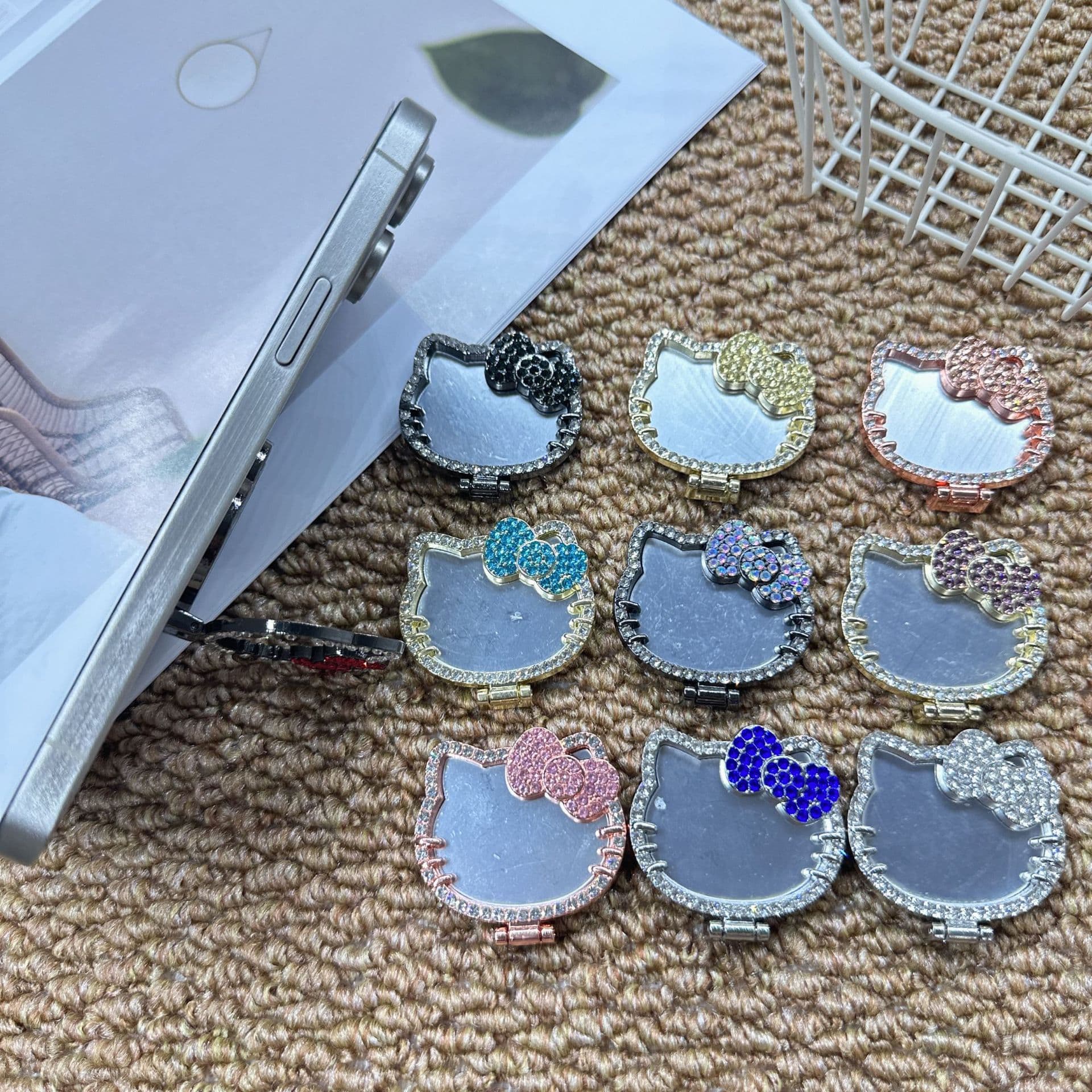 Original colorful KT cat mirror phone holder, desktop TV viewing accessory, backed with ring clip.