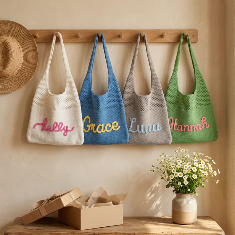 Etsy Personalized Handmade Embroidered Knitted Shoulder Bag Hollow-Out Spring Dopamine Versatile Handbag Woven Bag
