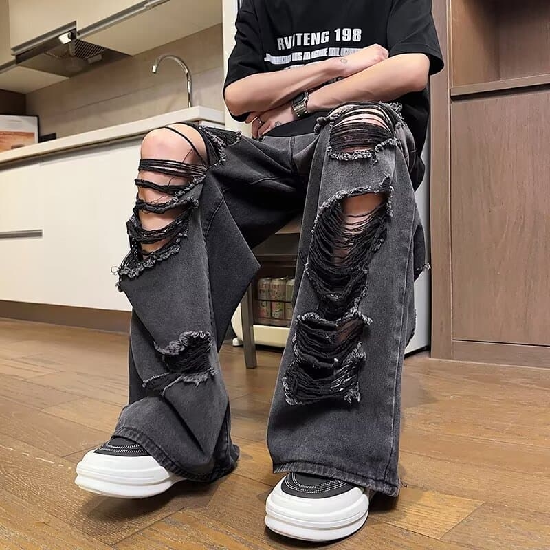 New American Vintage Distressed Ripped Black Washed Straight Leg Loose Wide Leg Casual Jeans