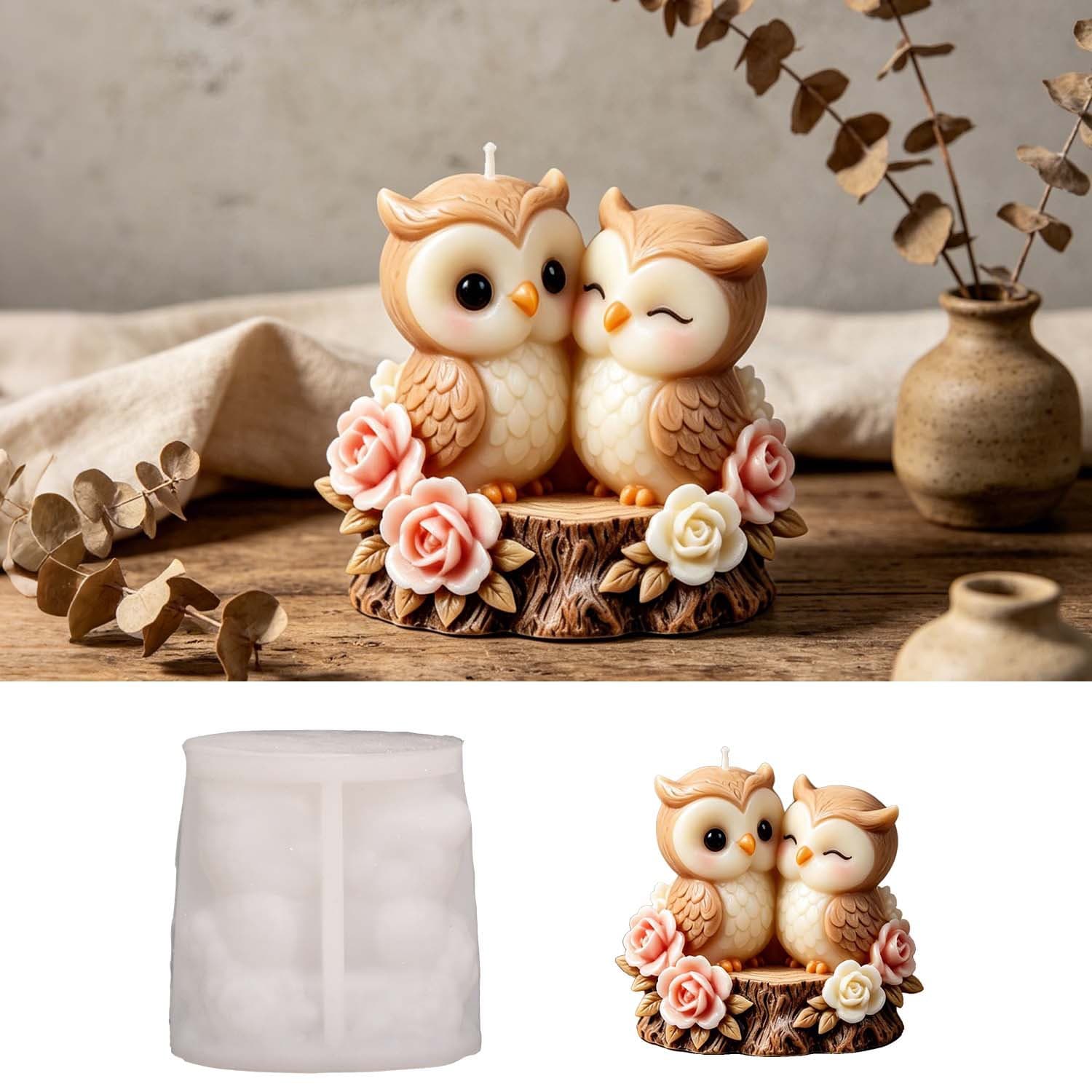 Yixing DIY Two Owls Scented Candle Resin Mold Tree Stump Flower Decoration Figurine Silicone Mold