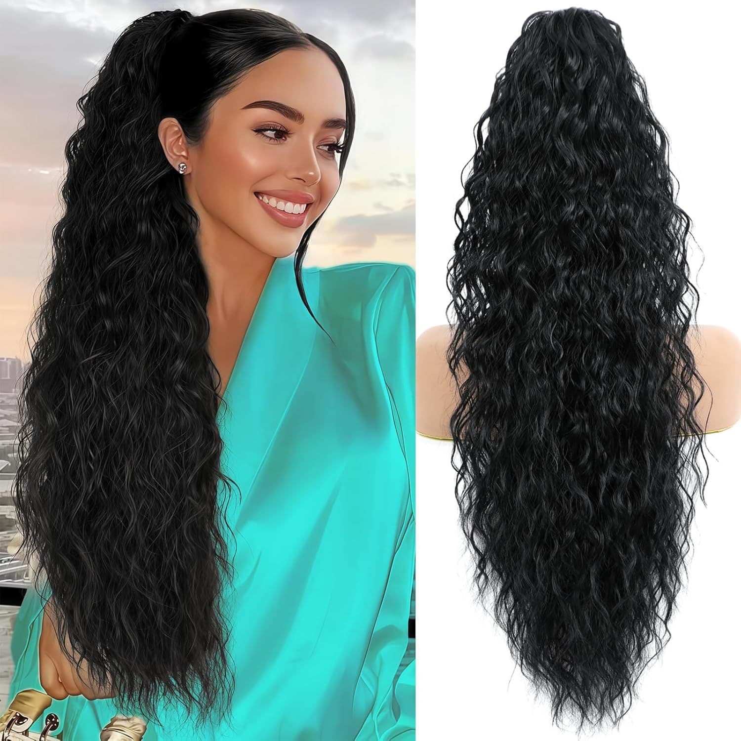 European and American Cross-Border Wig Long Curly Hair Large Clip Fluffy Ponytail Water Ripple Latin American Curly Wig High Ponytail Braid