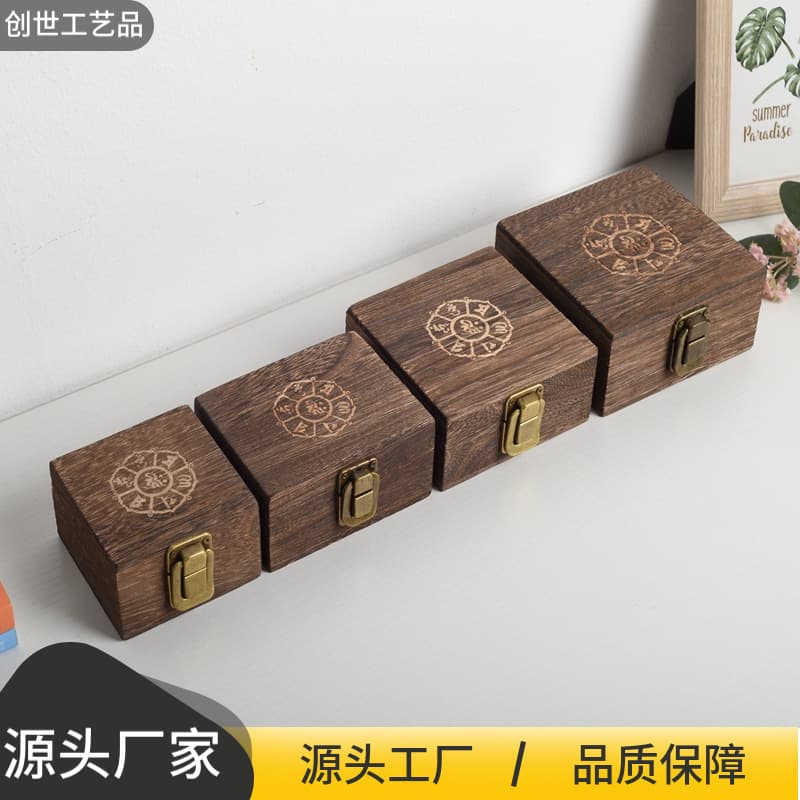 Retro Flip-top Wood Box with Lock, Square Home-use Charred Paulownia Wood Storage for Stall Jewelry Packaging