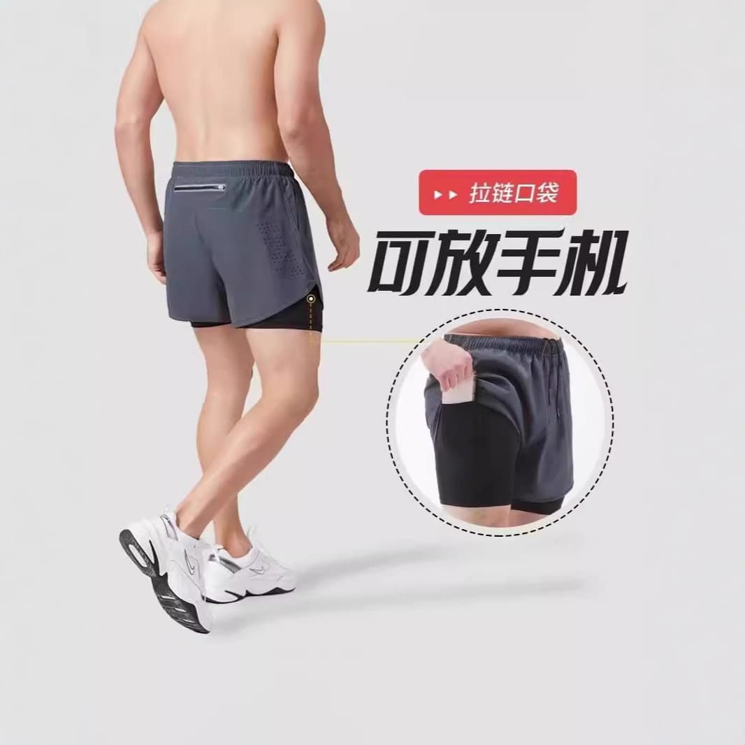 Men's fake two-piece running shorts lined with sports quick-drying breathable anti-exposure running fitness casual high-elastic three-quarter pants