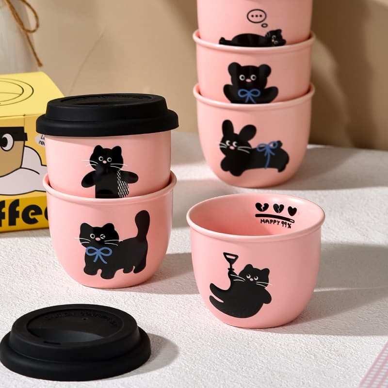 Pink Handheld Coffee Cup, Portable Mug for Women, Cute Warm Hand Cup, Small Ceramic Cup with Lid, Latte Cup