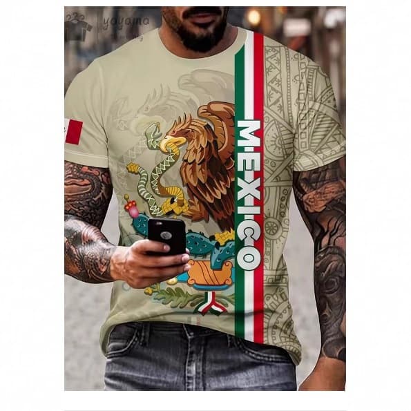 T-Shirt with Short Sleeves, Personalized T-Shirt, Mexican Style Graphic T-Shirt, Men's Vintage Clothing Top