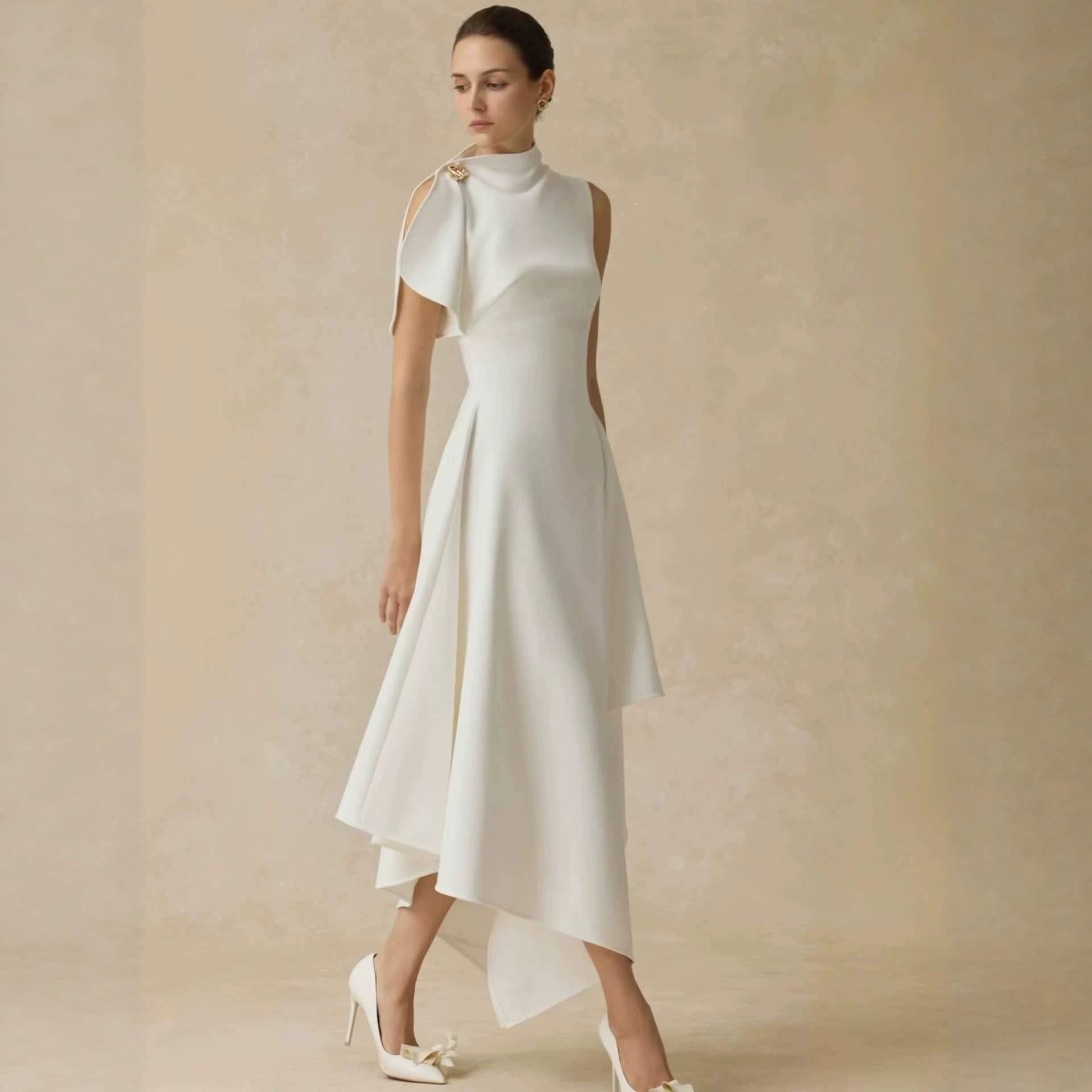 Commuting banquet style mid-length skirt with shawl sleeves on one side, metal buckle decoration, draped fabric, waist slimming, high-end skirt