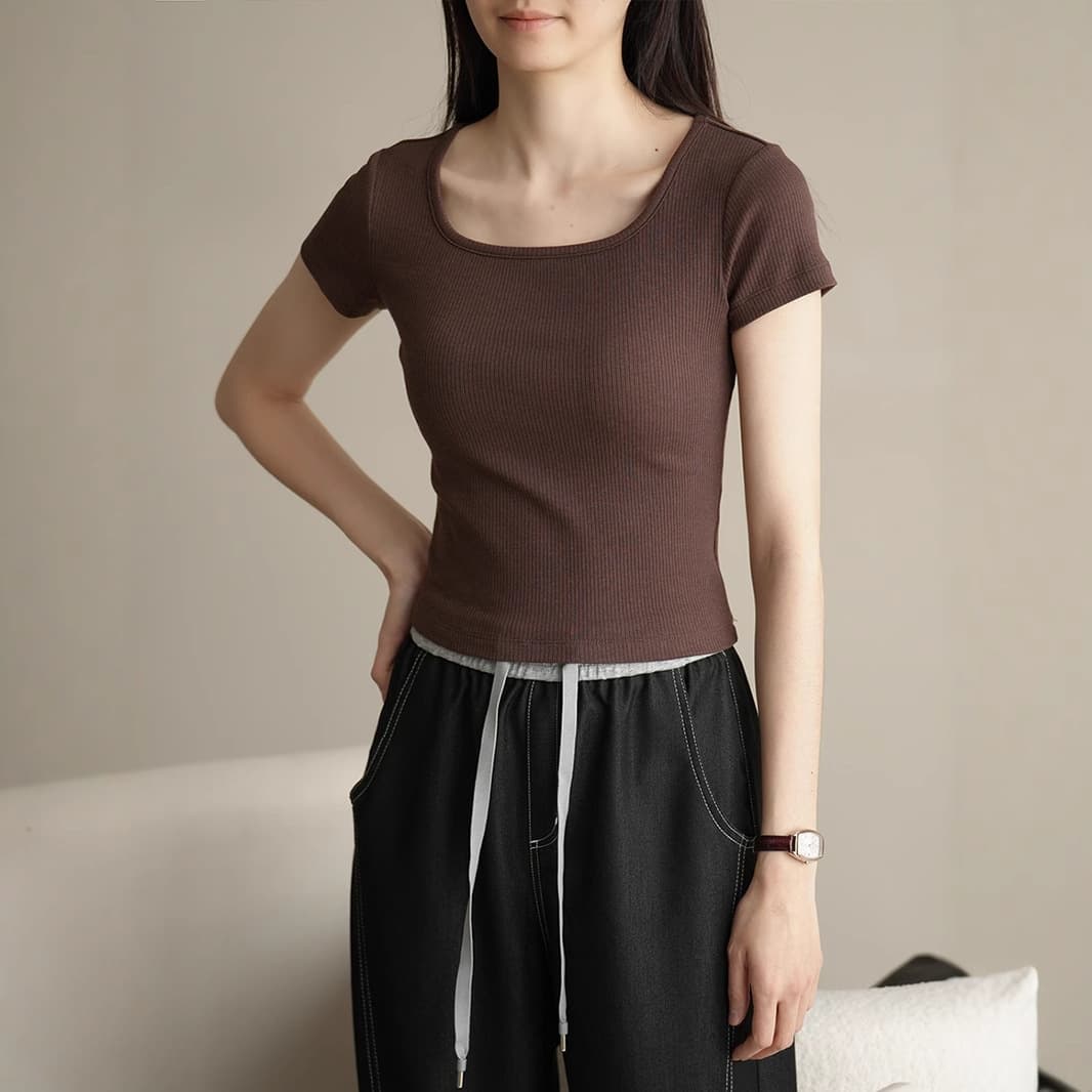 Cotton Regular Shoulder Versatile T-Shirt for Women Summer U-Neck High Elastic Ribbed Slim Fit Plus Size Short Sleeve Base Layer