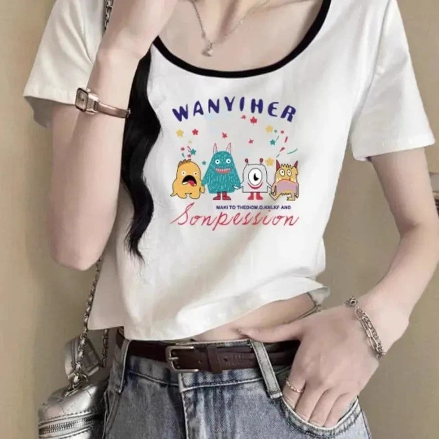 New Contrast Color Ribbed Short-Sleeve Regular Fit T-Shirt for Women, Youthful Summer Petite French Style High-Waist Short Top